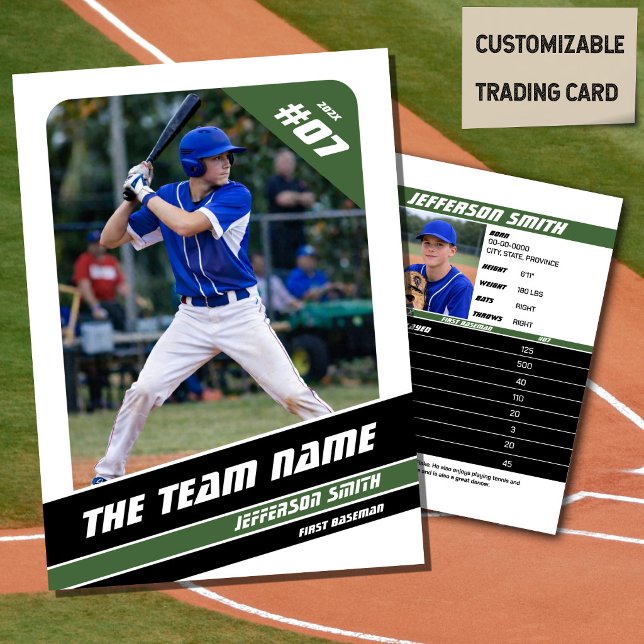 Basebollag Presentkort Grön Vit (Baseball Player Trading Card in White with Custom Team Name and Green and Black Elements)