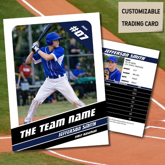 Basebollag Trading Card Present Blå Vit (Baseball Player Trading Card in White with Custom Team Name and White Blue Elements)