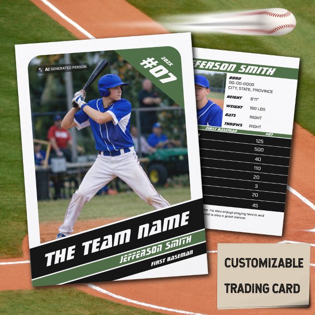 Basebollag Trading Card Present Grön Vit (Baseball Player Trading Card in White with Custom Team Name and Green and Black Elements)