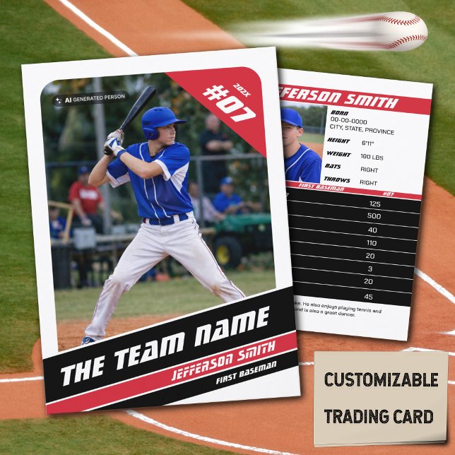 Basebollag Trading Card Present Röd Vit (Baseball Player Trading Card in White with Custom Team Name and White Red Elements)