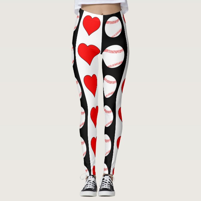Basebollar & Hearts Lodrät Black & White Mönster Leggings (Framsida)