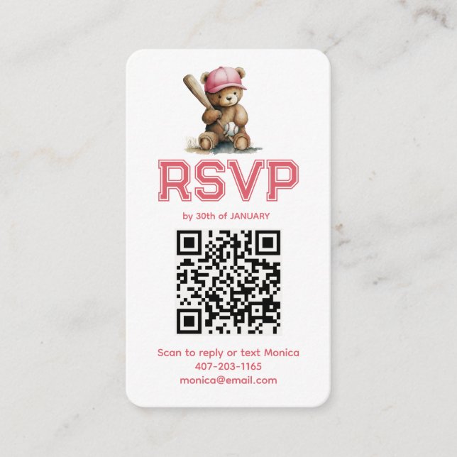 Basebollflicka Teddybjörn Baby Shower QR RSVP Tilläggskort (Framsida)