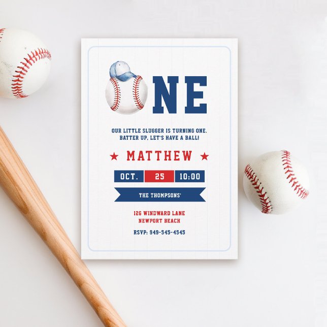 Basebollkeps Blå Röd Kul Pojke 1-års Födelsedag Inbjudningar (boy 1st birthday baseball theme invitation little slugger red white cute cap watercolor sports )