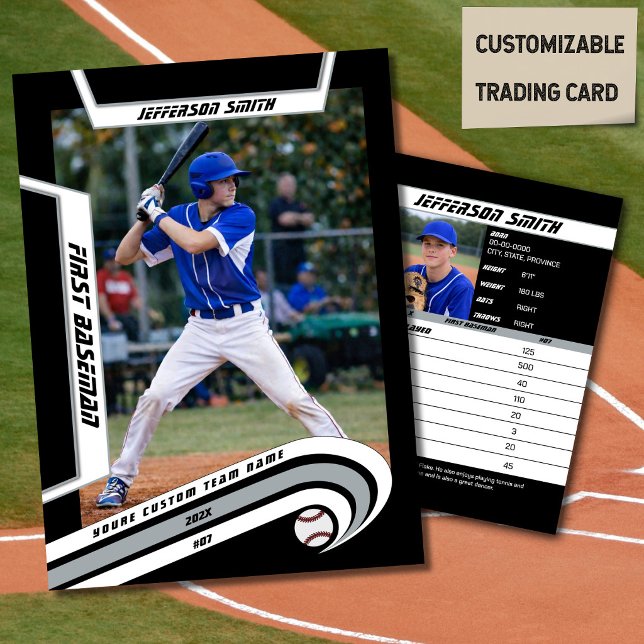 Basebollkort Livlig Silver Svart (Baseball Player Trading Card in Black with Custom Team Name and White Silver Elements)