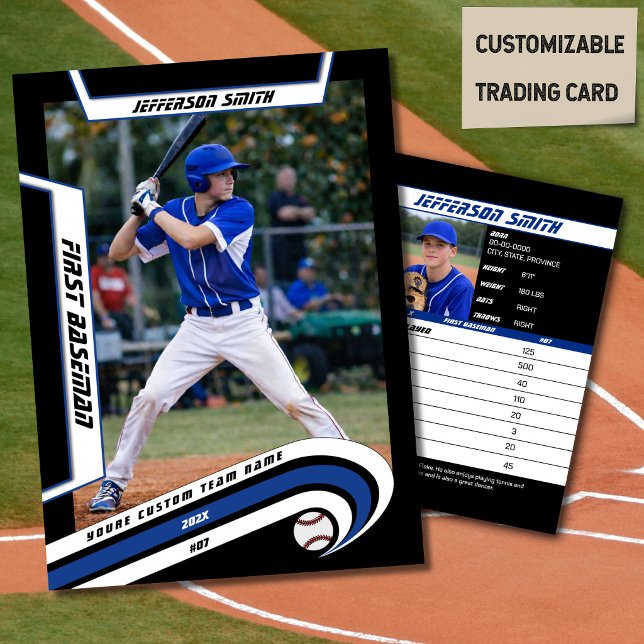 Basebollkort Ljust Blått Svart (Baseball Player Trading Card in Black with Custom Team Name and White Blue Elements)