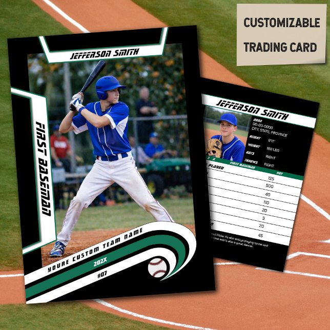 Basebollkort Ljust Grön Svart (Baseball Player Trading Card in Black with Custom Team Name and White Green Elements)