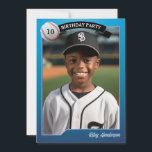 Basebollkort Photo Födelsedagsfest inbjudan<br><div class="desc">Anpassa dessa söta baseballfödelsedagsinbjudningar med spelarens favoritfoto. Basbollkortsdesignen har en bakgrund i streck och har röda stjärnor och en baseboll med MVP-åldern på födelsedagen. All text kan ändras för att passa dina behov.</div>