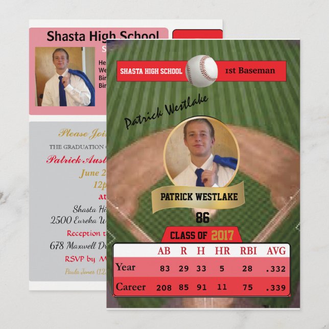 Basebollkort W/ Stats Grad-inbjudningar - rött Inbjudningar (Fram/baksida)