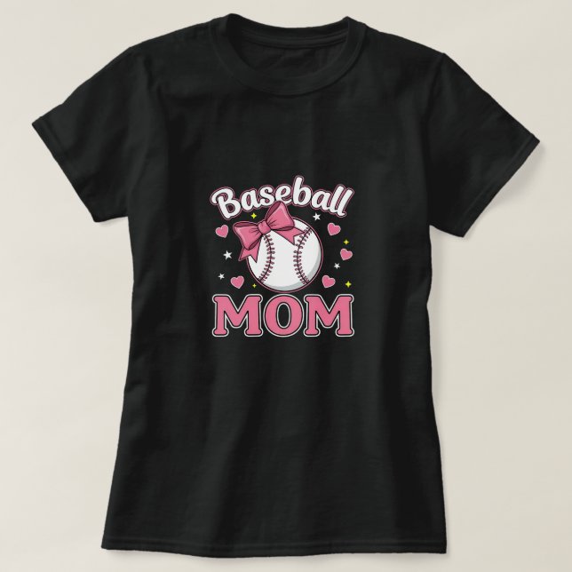 Basebollmamma Söt Rosa Båge Design T Shirt (Design framsida)