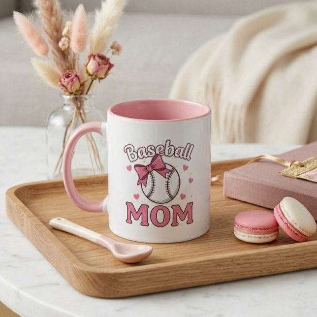 Basebollmamma Söt Rosa Pilbågsdesign Mugg (Baseball Mom Cute Mug)