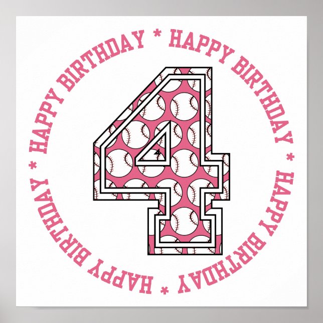 Basebollnummer lycklig 4e födelsedagen poster (Framsidan)