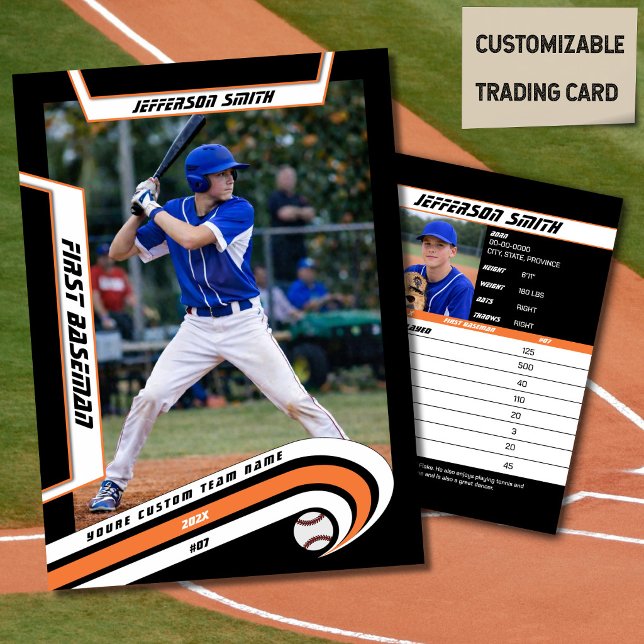 Basebollskort Livlig Orange Svart (Baseball Player Trading Card in Black with Custom Team Name and White Orange Elements)