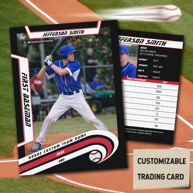 Basebollskort Livlig Röd Svart (Baseball Player Trading Card in Black with Custom Team Name and White Red Elements)