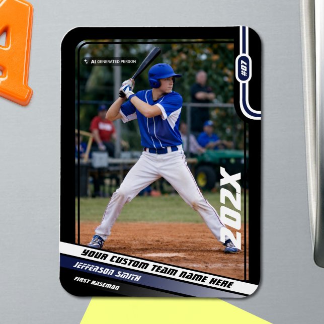 Basebollspelare Anpassad Blå Magnet (Black Baseball Player Magnet with Custom Team Name and White Blue Stripes)