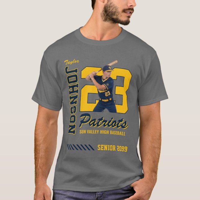 Basebollspelare Anpassad Foto Tröjnummer Blå T Shirt (Framsida)