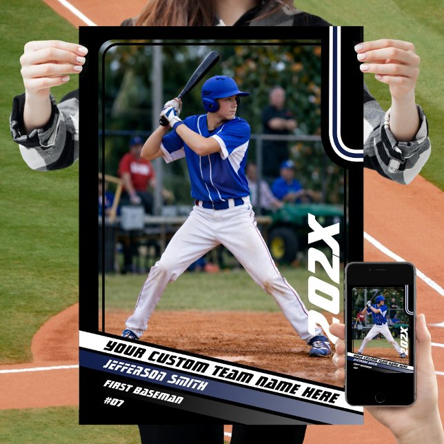 Basebollspelare Anpassad present i Blå Poster (Baseball Player Poster in Black with Custom Team Name and White Blue Stripes)