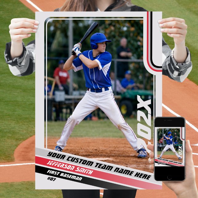 Basebollspelare Anpassad present i Grå Röd Poster (Baseball Player Poster in Light Grey with Custom Team Name and Grey Red Stripes)