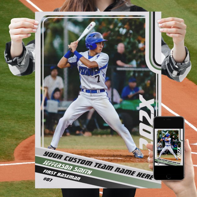Basebollspelare Anpassad present i grågrön Poster (Baseball Player Poster in Light Grey with Custom Team Name and Grey Green Stripes)