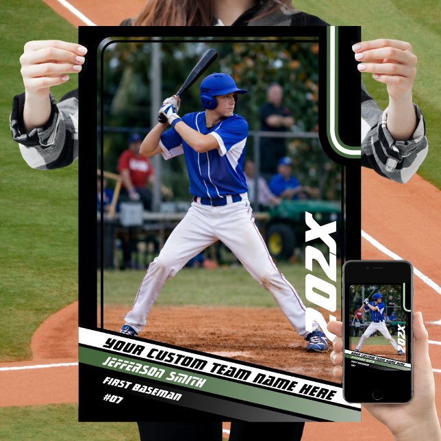 Basebollspelare Anpassad Present i Grönt Poster (Baseball Player Poster in Black with Custom Team Name and White Green Stripes)