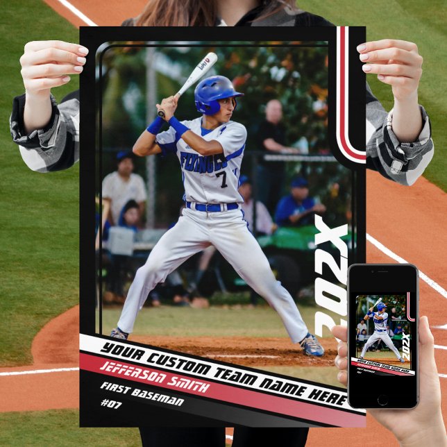 Basebollspelare Anpassad present i rött Poster (Baseball Player Poster in Black with Custom Team Name and White Red Stripes)