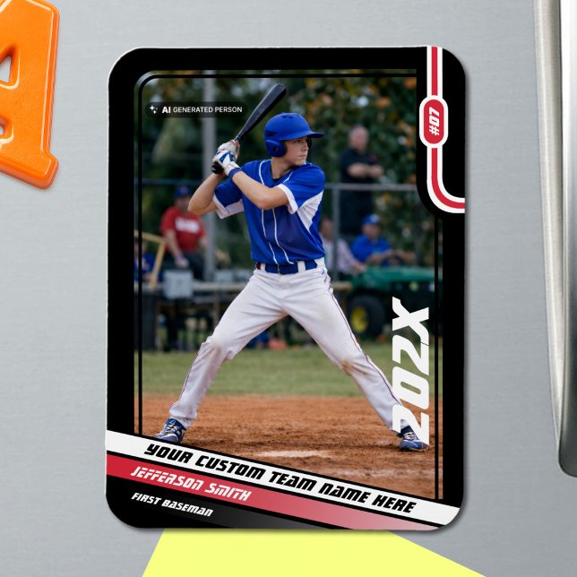 Basebollspelare Anpassad Röd Magnet (Black Baseball Player Magnet with Custom Team Name and White Red Stripes)
