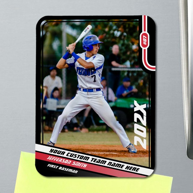 Basebollspelare Anpassad Röd Magnet (Black Baseball Player Magnet with Custom Team Name and White Red Stripes)