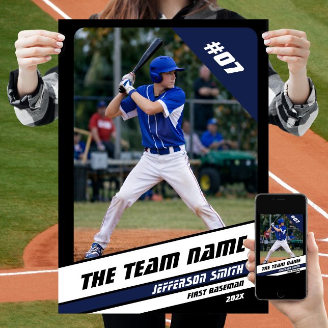 Basebollspelare Anpassad Svart Vit Blå Present Poster (Baseball Player Poster in Black with Custom Team Name and White Blue Stripes)