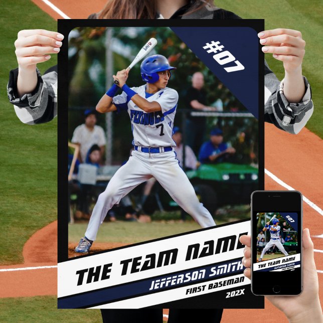 Basebollspelare Anpassad Svart Vit Blå Present Poster (Baseball Player Poster in Black with Custom Team Name and White Blue Stripes)