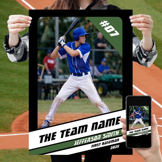 Basebollspelare Anpassad Svart Vit Grön Present Poster (Baseball Player Poster in Black with Custom Team Name and White Green Stripes)
