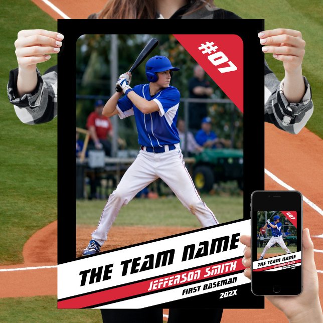 Basebollspelare Anpassad Svart Vit Röd Present Poster (Baseball Player Poster in Black with Custom Team Name and White Red Stripes)