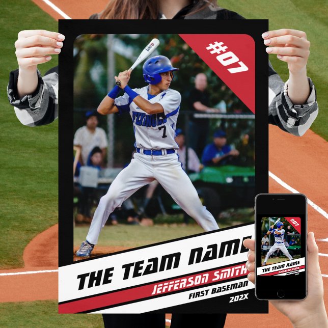Basebollspelare Anpassad Svart Vit Röd Present Poster (Baseball Player Poster in Black with Custom Team Name and White Red Stripes)