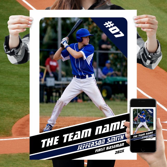 Basebollspelare Anpassningsbar present i vit blå Poster (Baseball Player Poster in White with Custom Team Name and Black Blue Stripes)