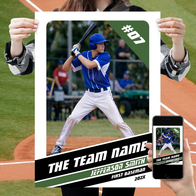 Basebollspelare Anpassningsbar present i vit grön Poster (Baseball Player Poster in White with Custom Team Name and Black Green Stripes)