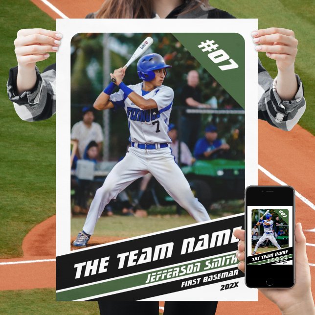 Basebollspelare Anpassningsbar present i vit grön Poster (Baseball Player Poster in White with Custom Team Name and Black Green Stripes)