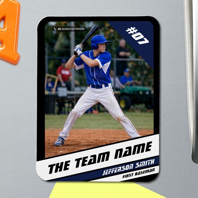 Basebollspelare Anpassningsbar Svart Blå Magnet (Baseball Player Magnet in Black with Custom Team Name and White Blue Stripes)