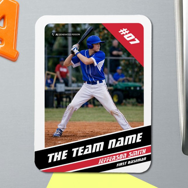 Basebollspelare Anpassningsbar Vit Röd Magnet (Baseball Player Magnet in White with Custom Team Name and White Red Stripes)