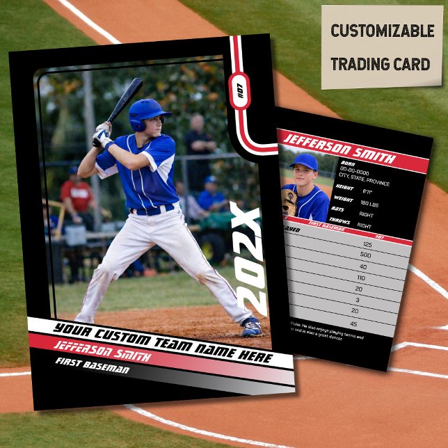 Basebollspelare Byteskort Anpassad Röd Present (Baseball Player Trading Card in Black with Custom Team Name and Red White Elements)