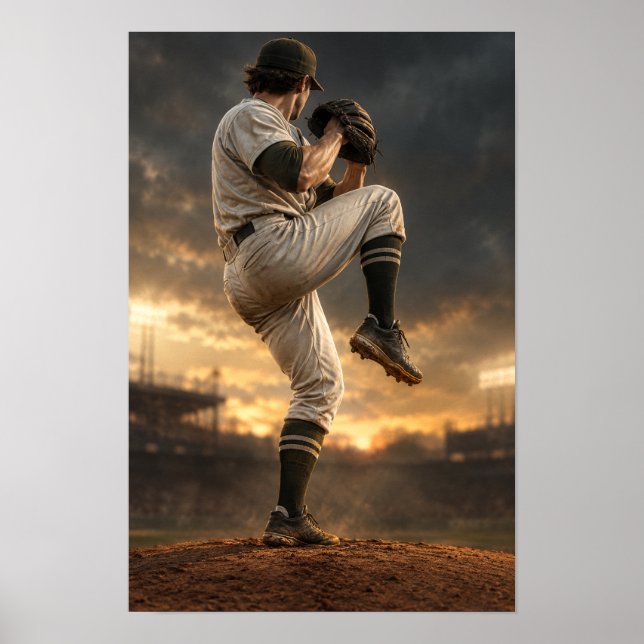 Basebollspelare gör kast i solnedgång – Dramatisk  Poster (Framsidan)