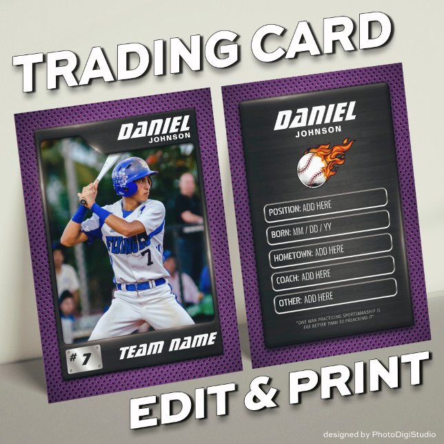 Basebollspelare i lila Baseball Trading Card (Purple Baseball Trading Card, Custom Trading Card for Baseball Player and Teams)