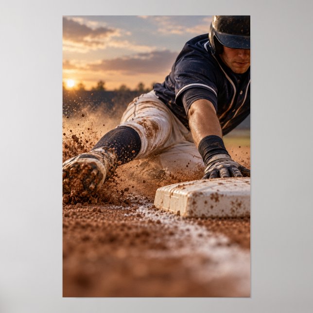 Basebollspelare som glider in i bas vid solnedgång poster (Framsidan)