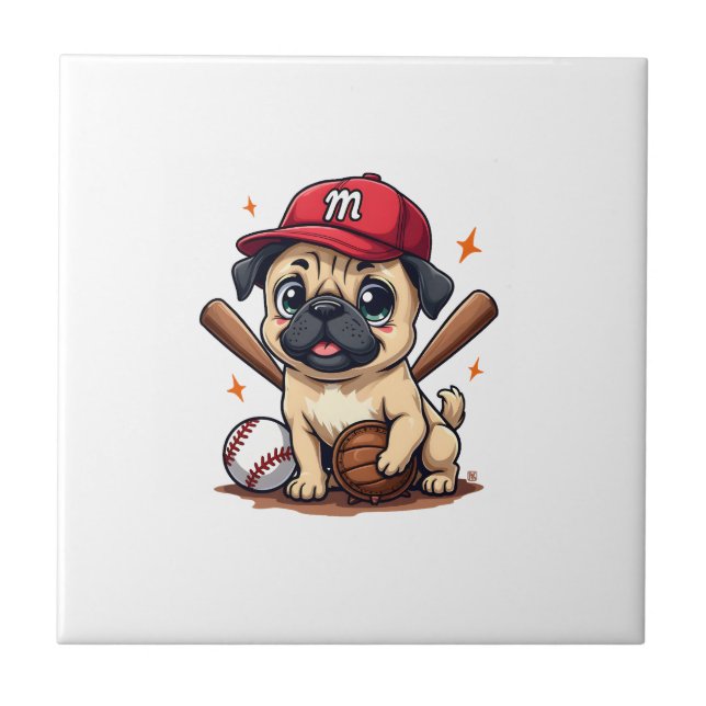 Basebollspelare Tränare Mops Hund Älskare Mops Mam Kakelplatta (Framsidan)