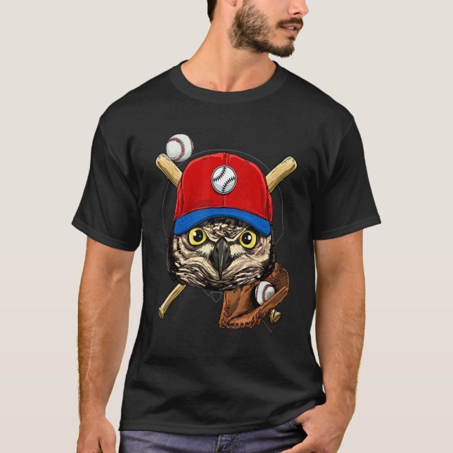 Basebollspelare uggla fågel pitcher catcher basebo t shirt (Framsida)