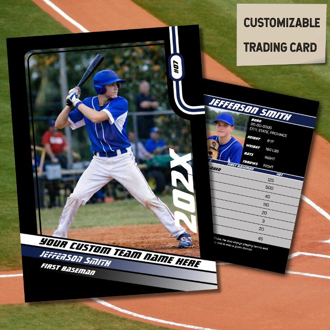 Basebollspelares byteskort Anpassad blå present (Baseball Player Trading Card in Black with Custom Team Name and Blue White Elements)