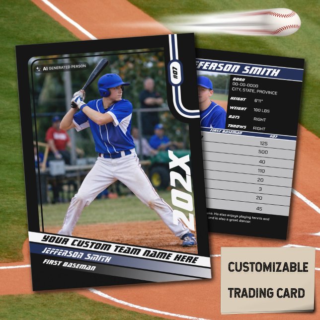 Basebollspelares byteskort Anpassad blå present (Baseball Player Trading Card in Black with Custom Team Name and Blue White Elements)