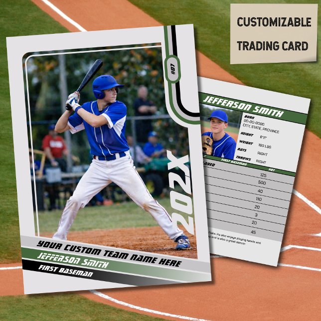 Basebollspelares byteskort Anpassad Grågrön (Baseball Player Trading Card in Light Grey with Custom Team Name and Green and Black Elements)