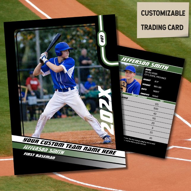 Basebollspelares byteskort Anpassad grön present (Baseball Player Trading Card in Black with Custom Team Name and Green White Elements)