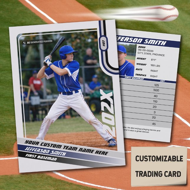 Basebollspelares samlarkort anpassat blågrått (Baseball Player Trading Card in Light Grey with Custom Team Name and Blue and Black Elements)