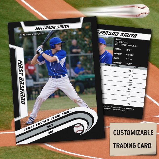 Basebollssamlarbild Lively Silver Svart (Baseball Player Trading Card in Black with Custom Team Name and White Silver Elements)