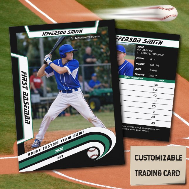 Basebollssamlarbild Ljusgrön Svart (Baseball Player Trading Card in Black with Custom Team Name and White Green Elements)