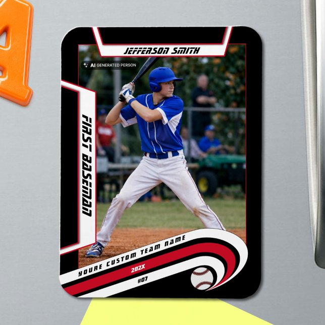 Basebollssouvenir Livlig Röd Svart Anpassad Magnet (Baseball Player Magnet in Black with Custom Team Name and White Red Stripes)